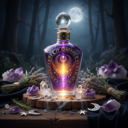 Mystic Elixir bottle surrounded by crystals and herbs