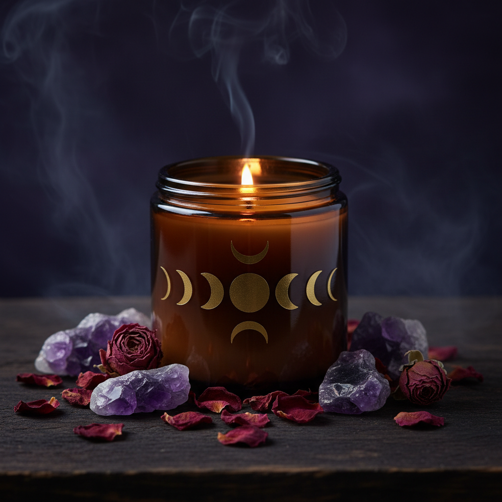 Sacred ritual candle in amber jar surrounded by crystals and rose petals